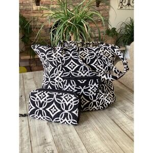 Vera Bradley Quilted Tote Bag and Matching Wallet Set Black White Geometric